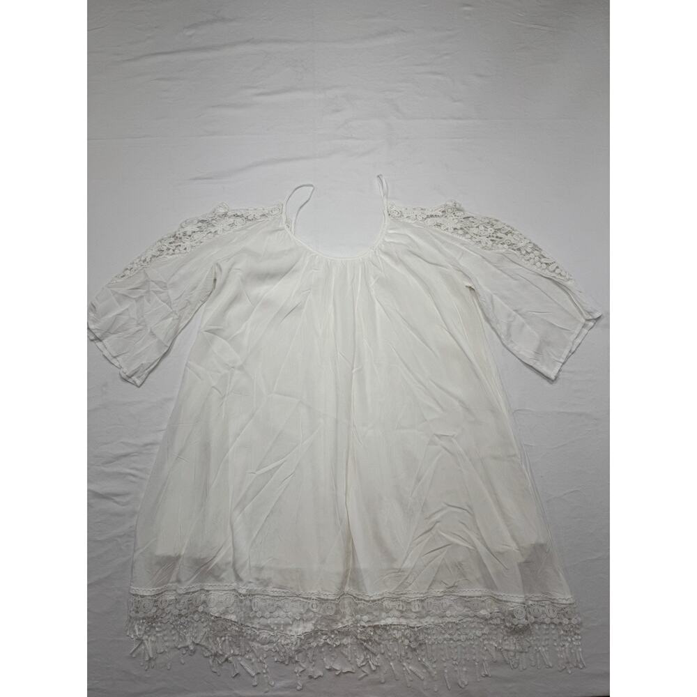 White Boho Cold Shoulder Dress Fringe Hem Women's Small Festival Beach Mini